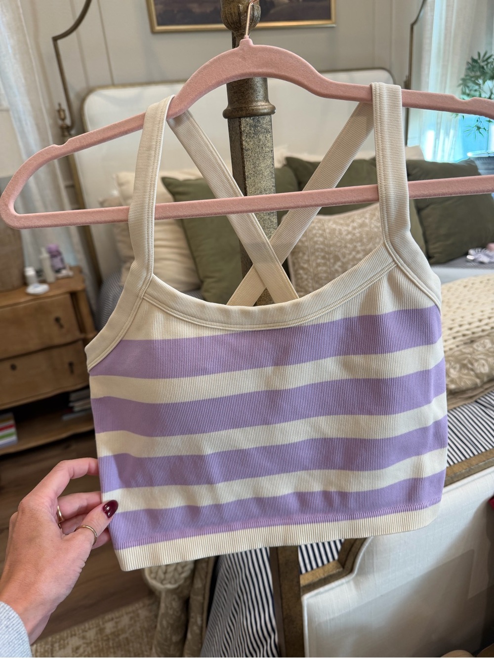 JOYLAB Cream & Lavender Striped Crossback Crop Tank Top